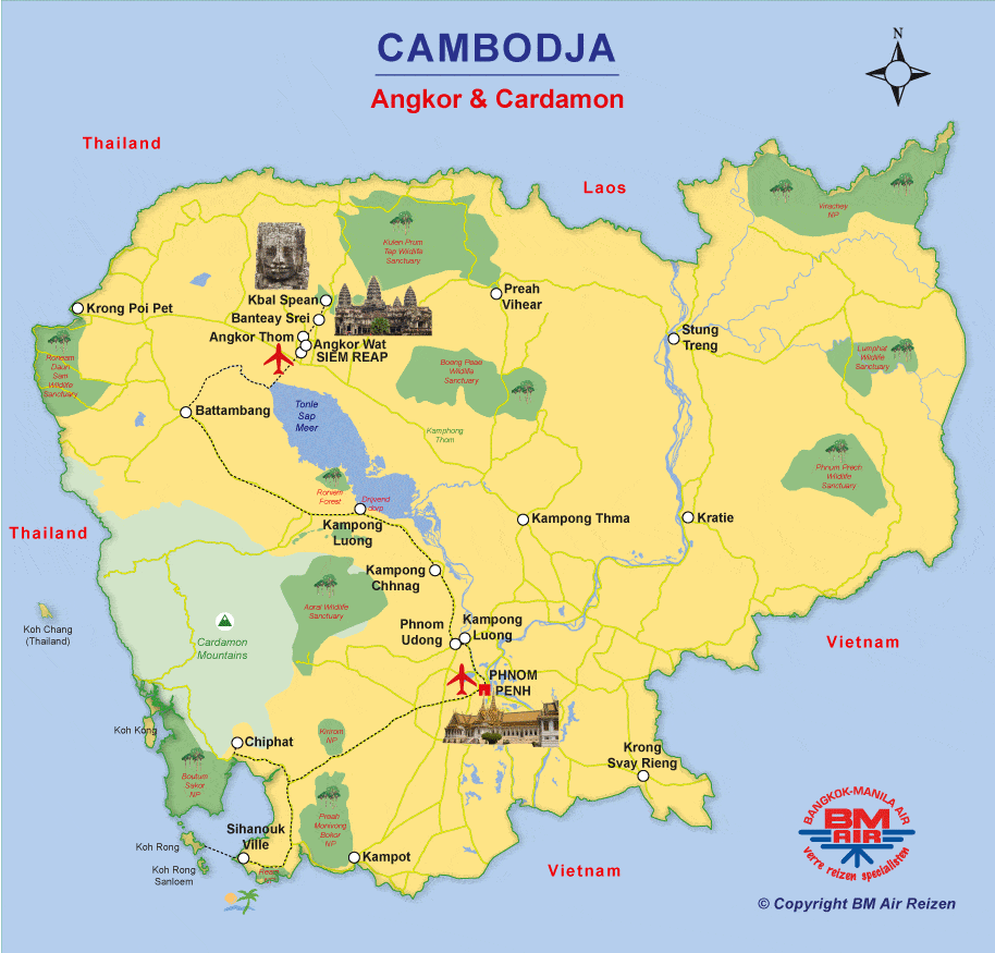Kaart Rondreis Cambodja Angkor en Cardamom