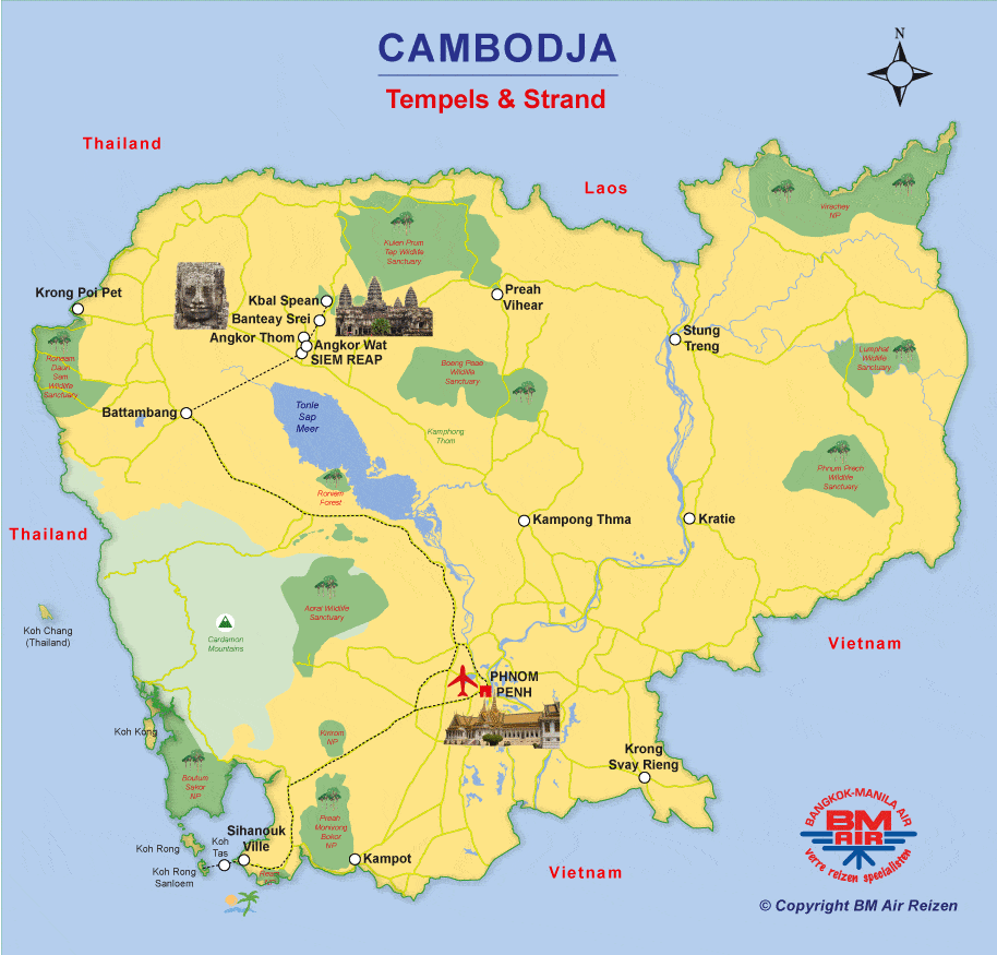 Kaart Rondreis Cambodja Tempels en strand