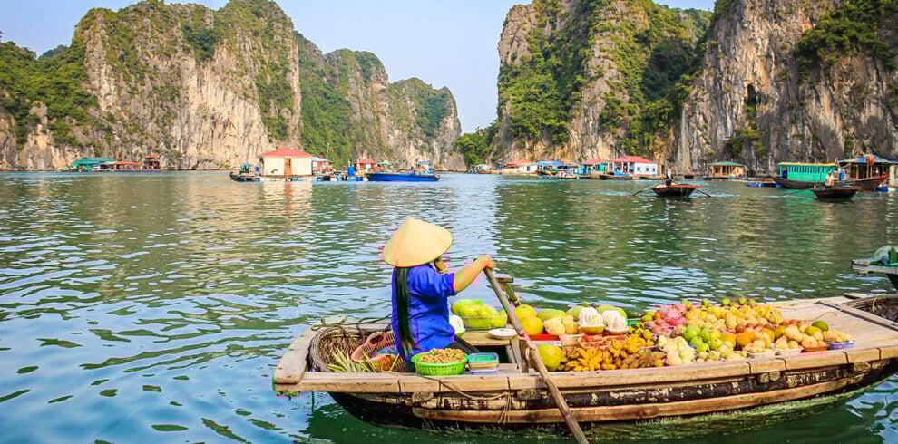 Fruitverkoper in een boot in Halong Bay Vietnam