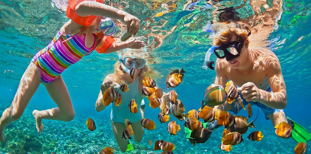 Familie is aan het snorkelen bij Menjangan Eiland op Bali