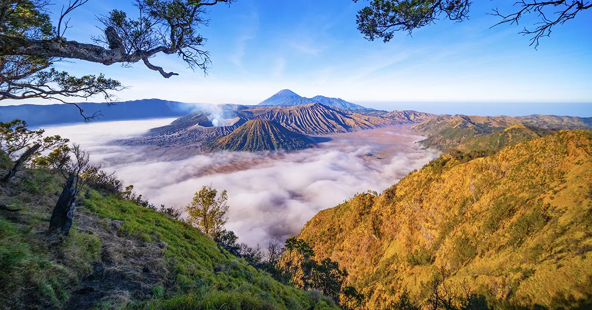 Vulkaanlandschap bij de Bromo op Java tijdens zonsopkomst in Indonesië