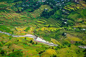 Luchtfoto van de rijstterrassen en de Khau Pha Pass in Mu Cang Chai, Vietnam
