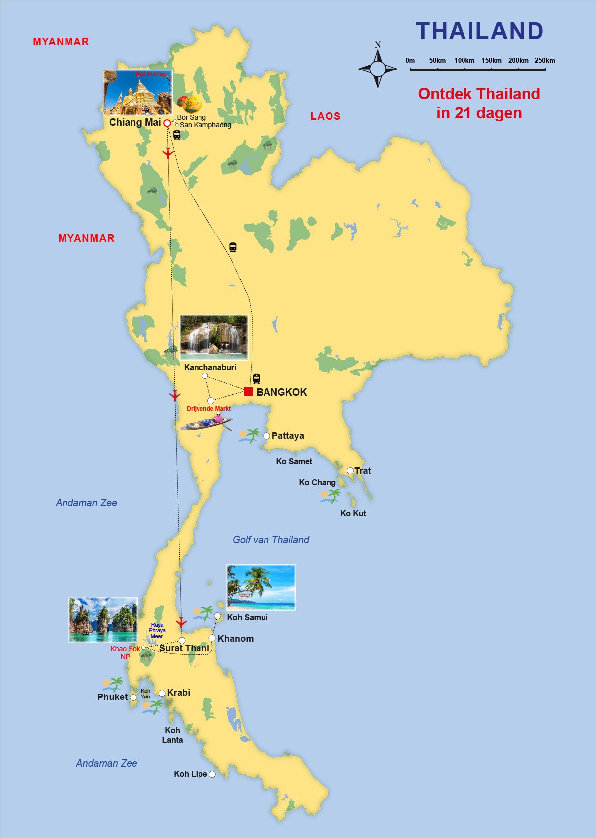 Kaart rondreis ontdek Thailand in 21 dagen
