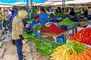 De kleurrijke fruitmarkt in Berastagi op Sumatra
