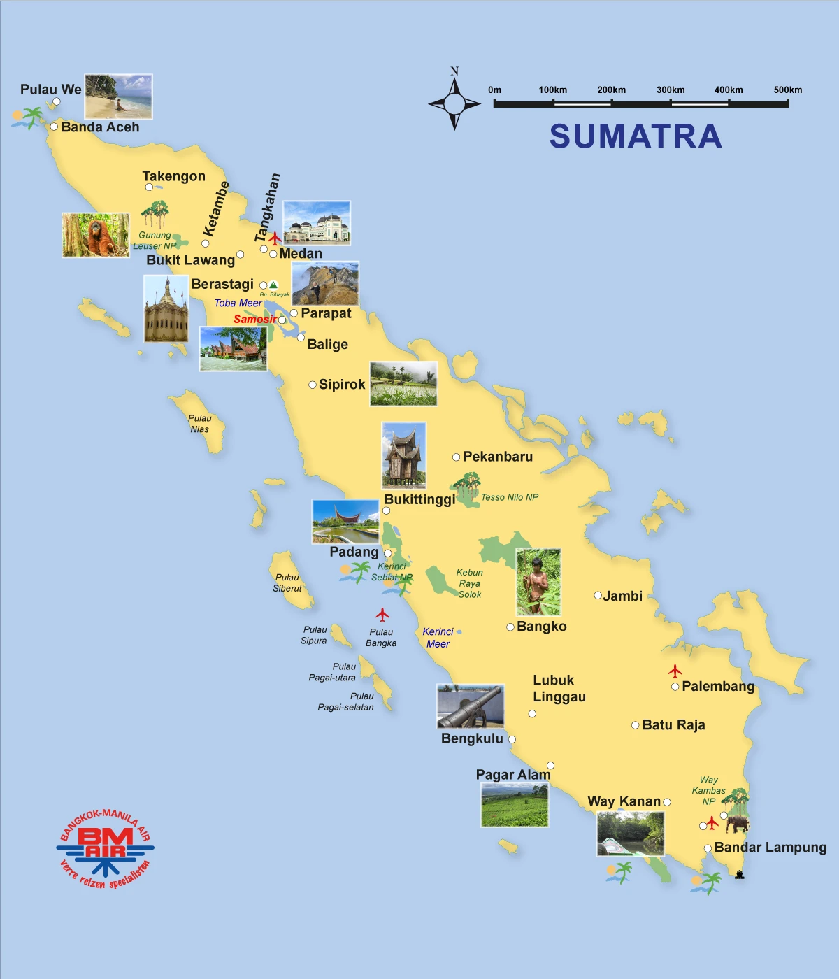 Kaart van Sumatra met belangrijke bestemmingen zoals Medan, Bukit Lawang en Lake Toba