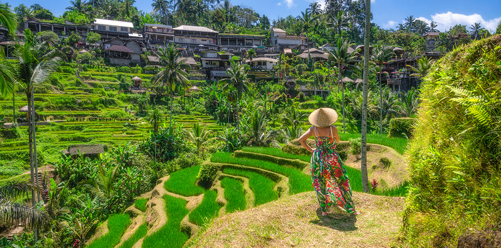 Vrouw geniet van de rijstterrassen bij Tegalalang op Bali