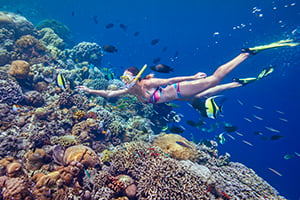 Vrouw snorkelt bij Twin Reef in Port Barton, Palawan