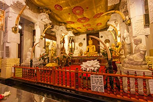 Boeddhabeelden in de Tempel van de Tand in Kandy.