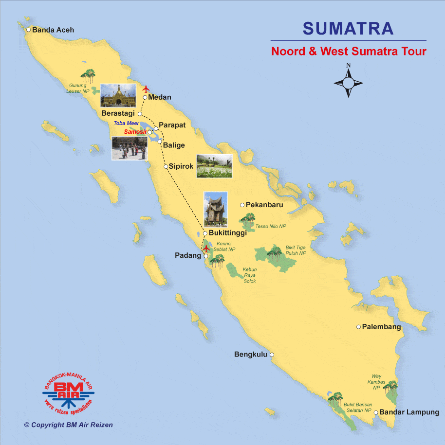 Kaart Noord en West Sumatra Tour